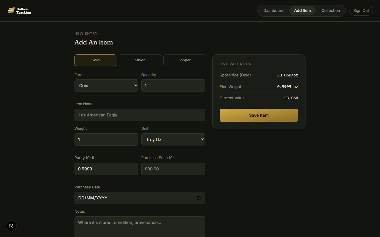 Add item form with live valuation preview